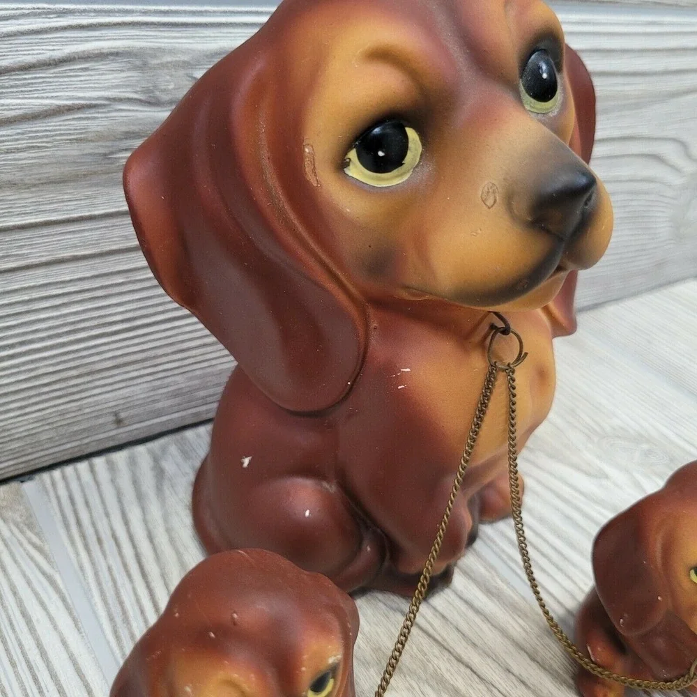 Vintage Dog Figurine Set Brown Mother and Puppies on Chain MCM Kitsch Decor